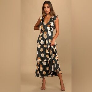 NWT Lulus No Introductions Needed Black Burnout Floral Tiered Maxi Dress